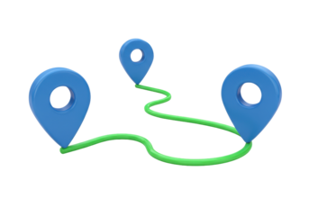 Blue location pin markers with green route isolated PNG, destination pointer for navigation and travel on transparent background
