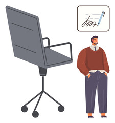 Business professional beside ergonomic chair and signed contract graphic. Ideal for career, negotiation, office setting, management, professionalism, success metaphor, simple flat metaphor
