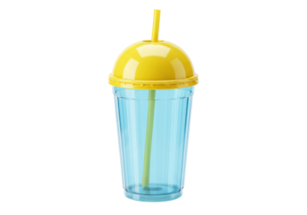 Blue plastic cup with yellow dome lid and straw isolated PNG, reusable drink container for summer beverages on transparent background