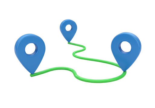 Blue location pin markers with green route isolated PNG, destination pointer for navigation and travel on transparent background
