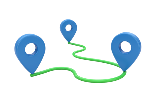 Blue location pin markers with green route isolated PNG, destination pointer for navigation and travel on transparent background