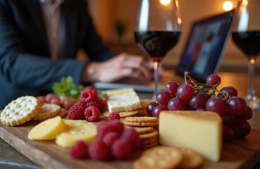 Person enjoys cheese, wine platter at home, relaxing. Use laptop for virtual video call, connecting with friends family remotely. Cozy evening with delicious gourmet food, red wine, fresh fruits,