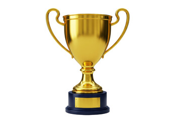 Shiny golden trophy cup isolated PNG on transparent background, award prize for winning first place in competition or championship