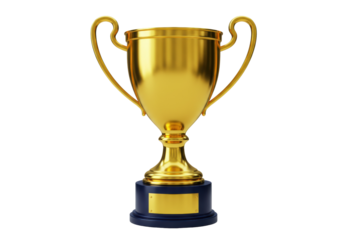 Shiny golden trophy cup isolated PNG on transparent background, award prize for winning first place in competition or championship