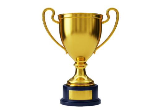 Shiny golden trophy cup isolated PNG on transparent background, award prize for winning first place in competition or championship