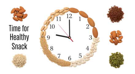 Nuts and seeds snack clock concept showing healthy eating time with almonds pistachios
