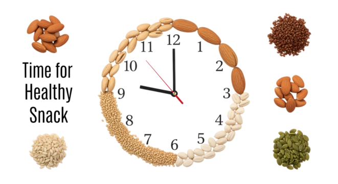Nuts and seeds snack clock concept showing healthy eating time with almonds pistachios