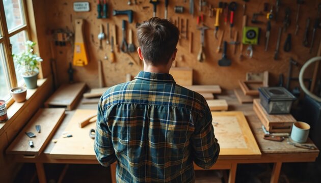 Person stands at wooden workbench in traditional carpenter workshop. Many tools hang on wall, ready for craft. Unfinished wood pieces on table. Place for creative carpentry, handwork for - Powered by Adobe