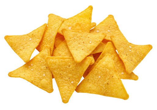 Pile of golden tortilla chips isolated PNG, salty snack food for parties and appetizers on transparent background