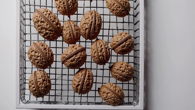 Walnuts rotating within metallic grid, revealing natural texture and rich brown shell against pristine white background