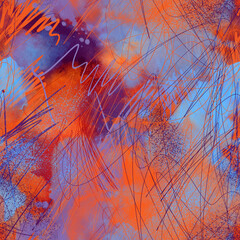 Abstract chaotic scribble art seamless pattern. Hand drawn expressive line design with watercolor texture and mixed media layers. Dynamic background for textile, fabric, wrapping paper, fashion prints