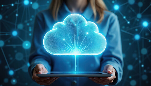 Person holds tablet with glowing digital cloud icon. Network connects nodes, abstract blue background. Data flow syncs, virtual storage syncs data. Online future tech.