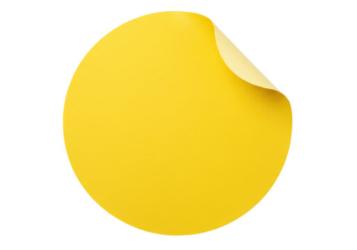 Bright yellow round sticker with curled corner isolated PNG, adhesive label for branding and product packaging on transparent background