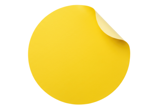 Bright yellow round sticker with curled corner isolated PNG, adhesive label for branding and product packaging on transparent background - Powered by Adobe