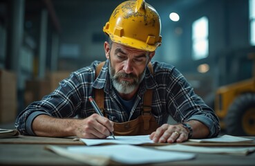 Mature builder in hard hat signs insurance document at construction site desk. Bearded worker reviews project plan, signs compensation form. Man writing on paper at warehouse.