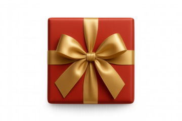 Square red gift box with golden ribbon bow on transparent background, celebrating presents and special occasions