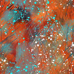 Abstract chaotic scribble art seamless pattern. Hand drawn expressive line design with watercolor texture and mixed media layers. Dynamic background for textile, fabric, wrapping paper, fashion prints