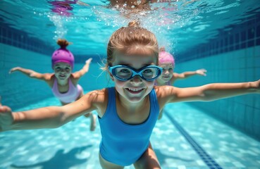 Fototapeta premium Three cheerful kids swim underwater in a bright blue pool. A girl in goggles smiles forward reaching out as her friends follow behind her. Children enjoy summer vacation playing in clear water.