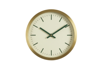 Classic round wall clock with gold frame isolated PNG, showing the time for interior design and time management concepts