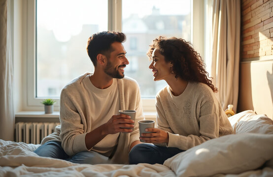 Happy diverse couple sits on bed holding mugs. Smiling man and woman enjoy morning coffee, talk, relax in cozy bedroom. Warm knitwear clothes, sunlight from window.