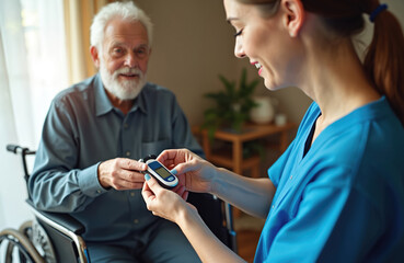 Nurse checks elder mans blood sugar with device at home. Healthcare worker helps senior with diabetes test. Patient in wheelchair smiles during check-up.