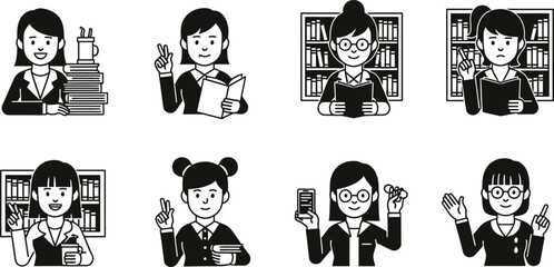Collection of diverse female characters engaged in reading studying and holding books and phones