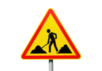 Yellow road work sign PNG isolated on transparent background, warning triangle with man digging for construction and traffic safety