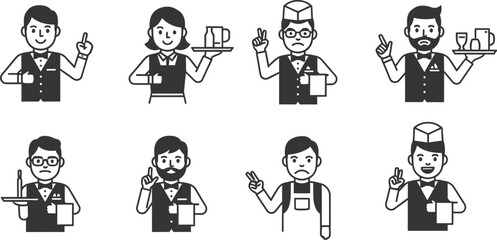 Collection of diverse waiter and waitress characters with various gestures and expressions for hospitality services