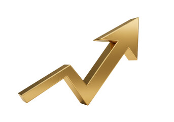 Golden arrow pointing up isolated PNG on transparent background, financial growth and success concept for business and marketing