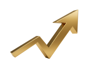 Golden arrow pointing up isolated PNG on transparent background, financial growth and success concept for business and marketing