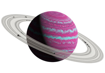 Striking pink and blue gas giant planet with rings isolated PNG, cosmic celestial body on transparent background for science and education © Florin