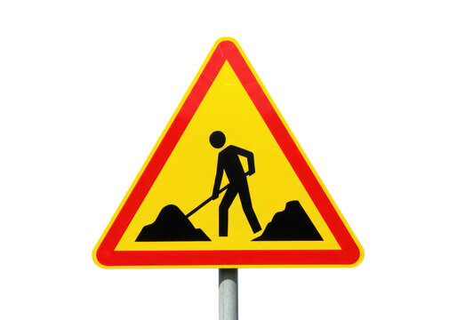 Yellow road work sign PNG isolated on transparent background, warning triangle with man digging for construction and traffic safety