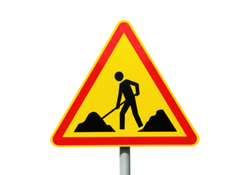 Yellow road work sign PNG isolated on transparent background, warning triangle with man digging for construction and traffic safety