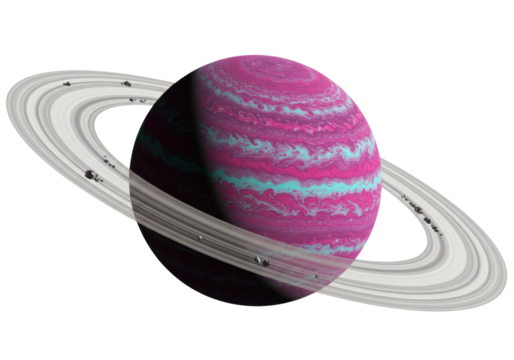 Striking pink and blue gas giant planet with rings isolated PNG, cosmic celestial body on transparent background for science and education