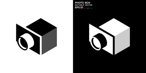 Photo box logo. Photography, packaging, shipping, cameras, lenses. Vector design template.