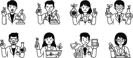 Diverse group of scientists and researchers in lab coats conducting experiments and holding scientific equipment