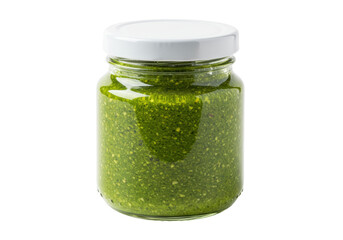 Fresh green pesto in glass jar isolated PNG, homemade Italian basil sauce for pasta and gourmet food preparation on transparent background