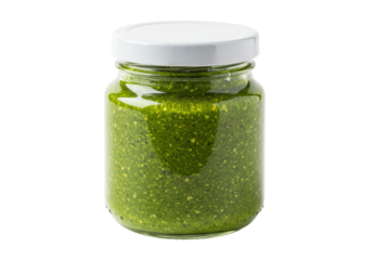 Fresh green pesto in glass jar isolated PNG, homemade Italian basil sauce for pasta and gourmet food preparation on transparent background