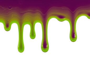 Dripping slime PNG isolated on transparent background, green and purple liquid paint flowing down for Halloween design and decoration