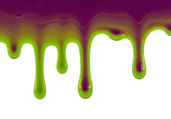 Dripping slime PNG isolated on transparent background, green and purple liquid paint flowing down for Halloween design and decoration