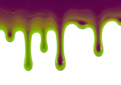 Dripping slime PNG isolated on transparent background, green and purple liquid paint flowing down for Halloween design and decoration