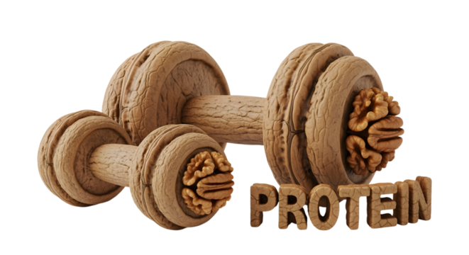 Walnut dumbbell showcases healthy protein source for fitness nutrition enthusiasts