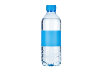 Clear plastic water bottle with blue label isolated, refreshing drink in transparent container for hydration and healthy lifestyle