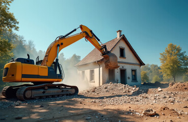 Yellow excavator demolishes old house on sunny day. Heavy machinery breaks concrete walls, creating dust cloud. Site work involves debris removal and wrecking structure for new development.