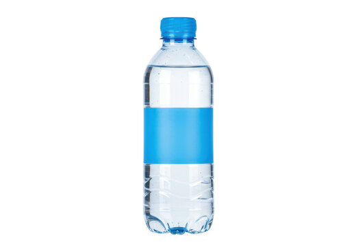 Clear plastic water bottle with blue label isolated, refreshing drink in transparent container for hydration and healthy lifestyle