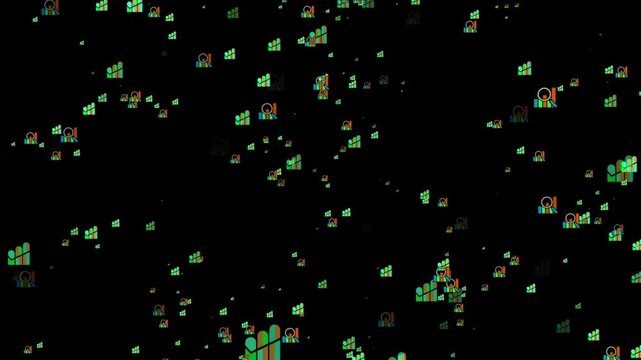 Scattered Data Visualization Icons on Black Canvas. Premium business icon with particles 4k animation.	