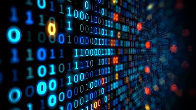 Exploring Digital Faces and Binary Code in a Vibrant Data Landscape