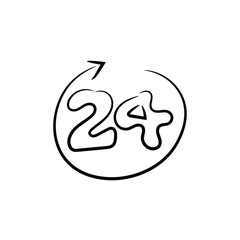 Hand drawn 24 hours icon, doodle clock symbol with arrow, sketch time concept, minimalist service design, vector ink illustration for delivery or support.