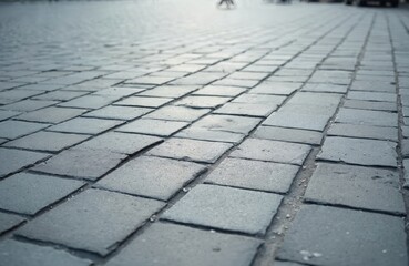 Fototapeta premium Gray cobblestone pavement in city street. Pedestrian walkway with stone tiles. Urban surface with brick texture. City architecture detail with paved road. Grey stone blocks on sidewalk.