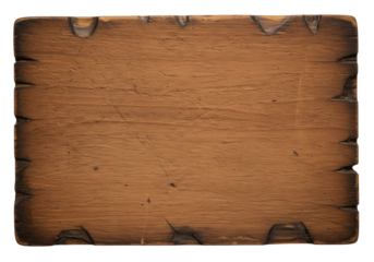 Rustic wooden sign isolated on transparent background, brown wood plank with rough edges for western or medieval designs PNG
